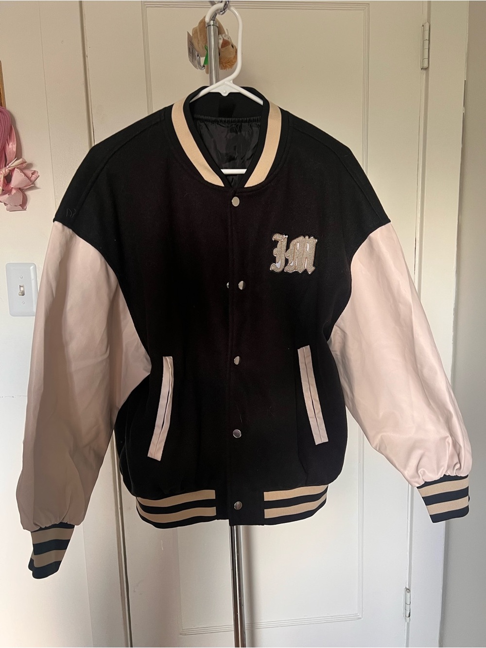& Other Stories Black Bomber Jacket with Light Pink Sleeves
